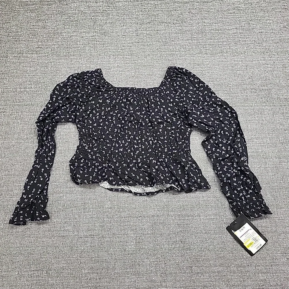 Girls' Long Sleeve Ruched Waist Blouse Top - art class Black Floral S